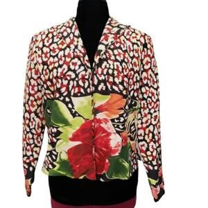 Silk Club Black and Red Open Silk and Linen Blazer Size Medium Floral